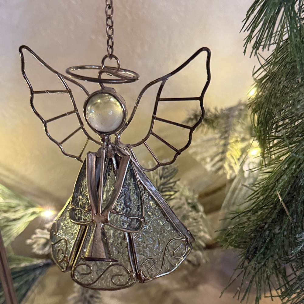 Clear Stained Glass Christmas Angel Ornament Holding Horn